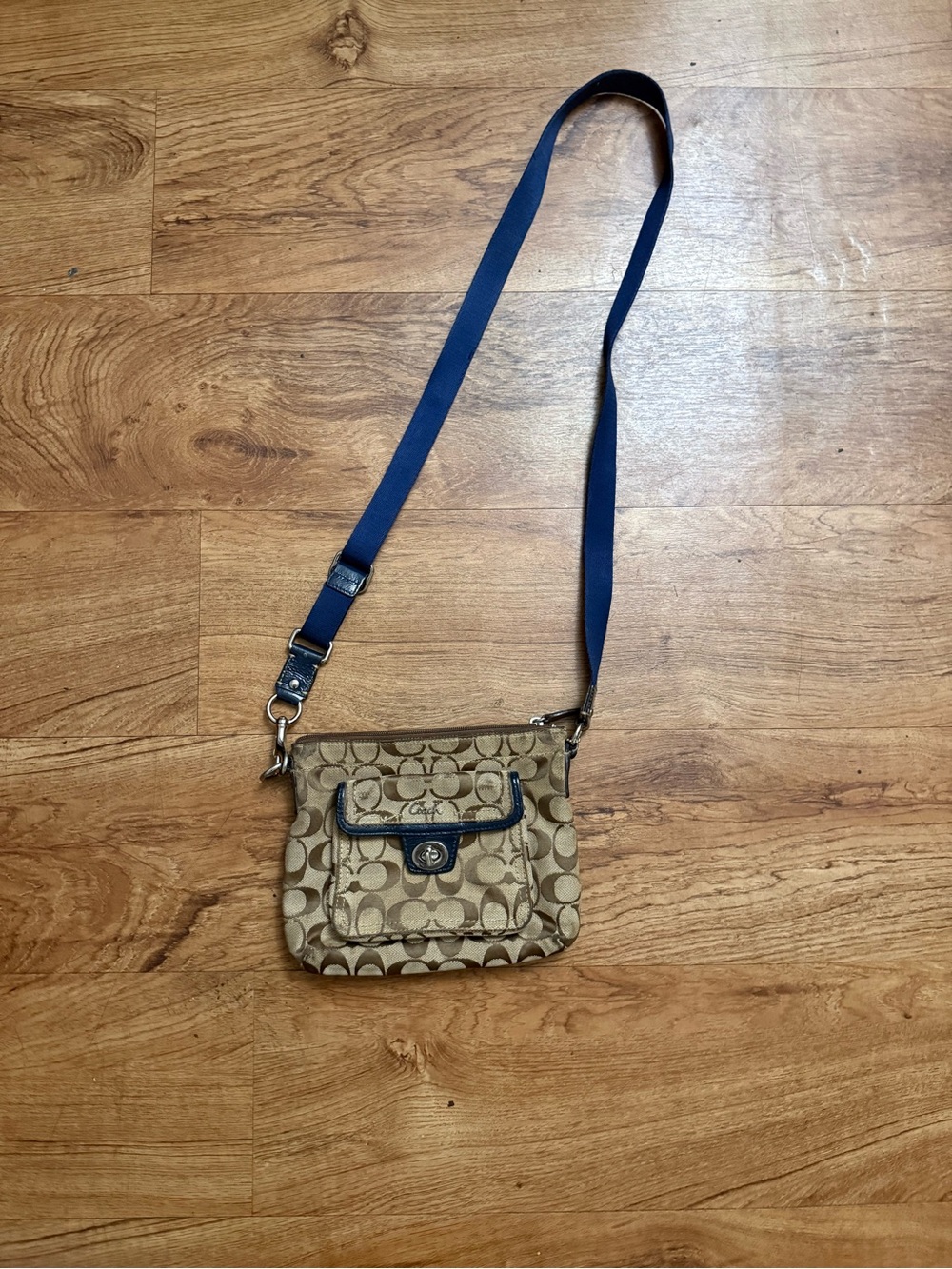 Coach Khaki Signature Canvas Crossbody with Navy Strap
